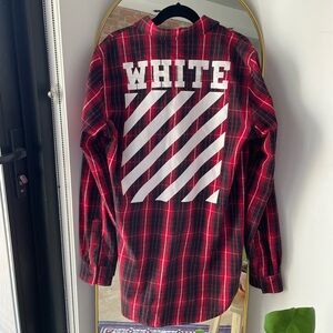 Off-White Plaid Print Long Sleeve Button Down Shirt Red USM